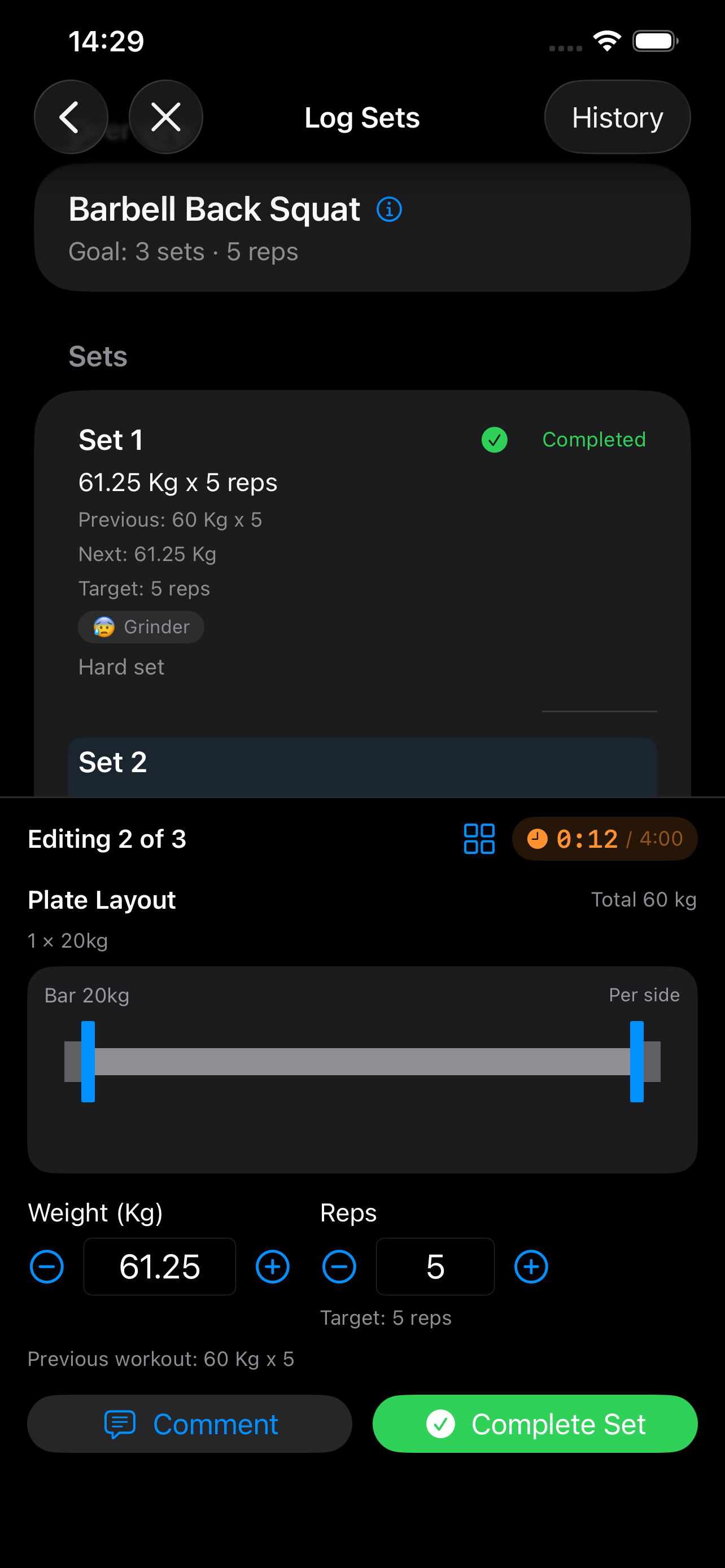 OverLog workout logging screen showing set tracking with weight suggestions and plate calculator